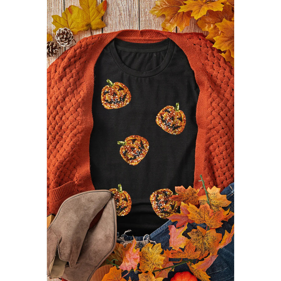 Sequin Pumpkin Round Neck Short Sleeve T-Shirt Apparel and Accessories