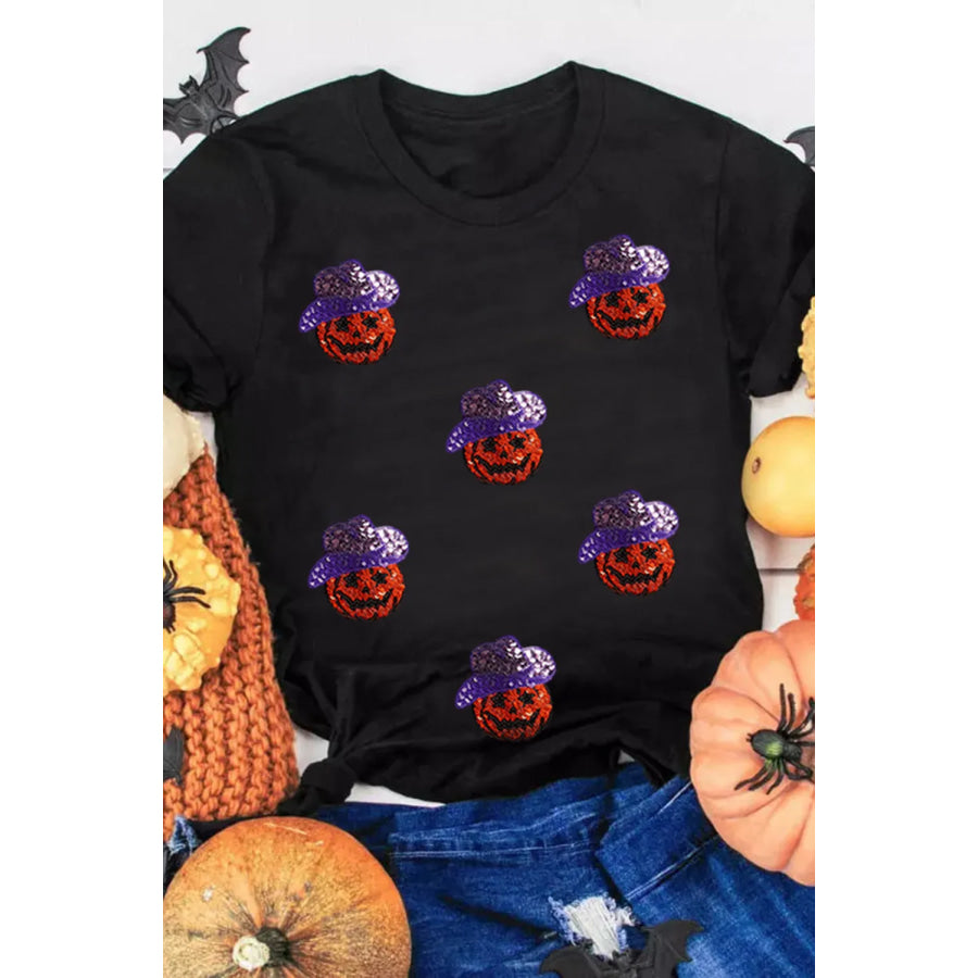 Sequin Pumpkin Round Neck Short Sleeve T-Shirt Apparel and Accessories