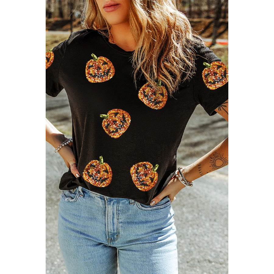 Sequin Pumpkin Round Neck Short Sleeve T-Shirt Apparel and Accessories