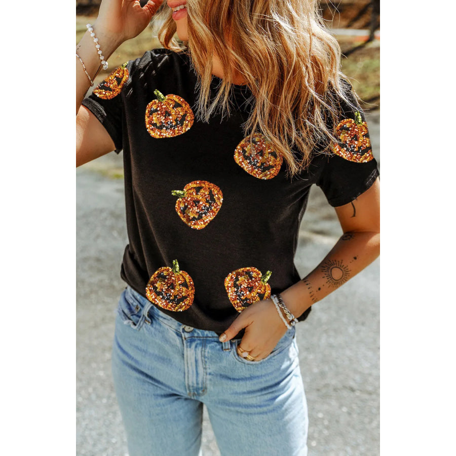 Sequin Pumpkin Round Neck Short Sleeve T-Shirt Apparel and Accessories