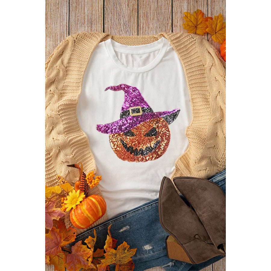 Sequin Pumpkin Round Neck Short Sleeve T-Shirt Apparel and Accessories