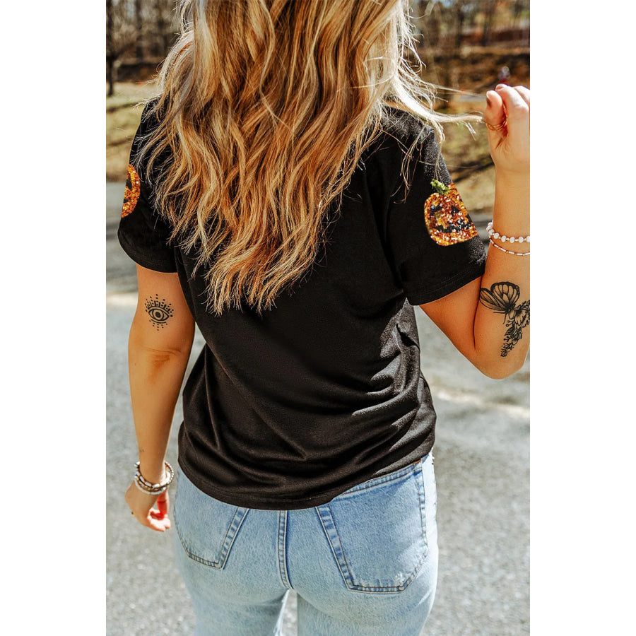 Sequin Pumpkin Round Neck Short Sleeve T-Shirt Apparel and Accessories