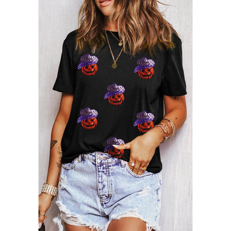 Sequin Pumpkin Round Neck Short Sleeve T-Shirt Black / S Apparel and Accessories