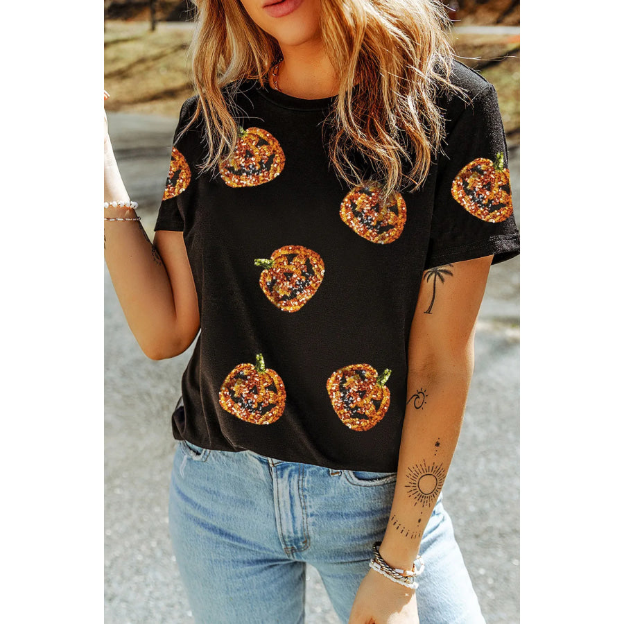 Sequin Pumpkin Round Neck Short Sleeve T-Shirt Black / S Apparel and Accessories