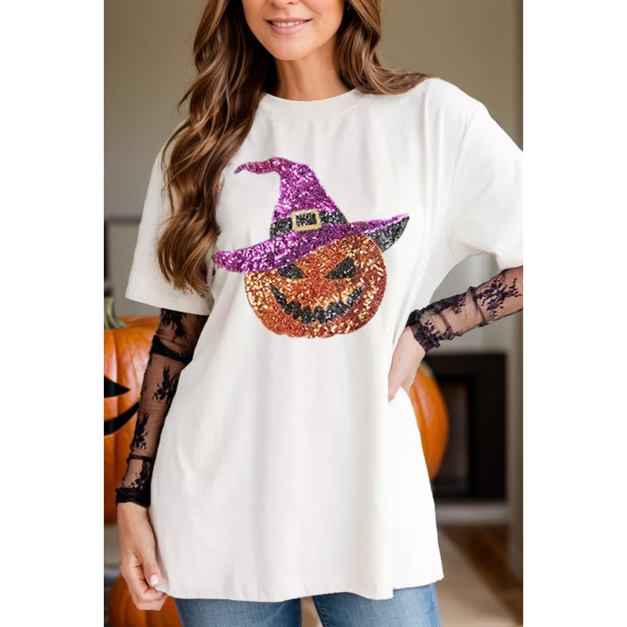 Sequin Pumpkin Round Neck Short Sleeve T-Shirt White / S Apparel and Accessories