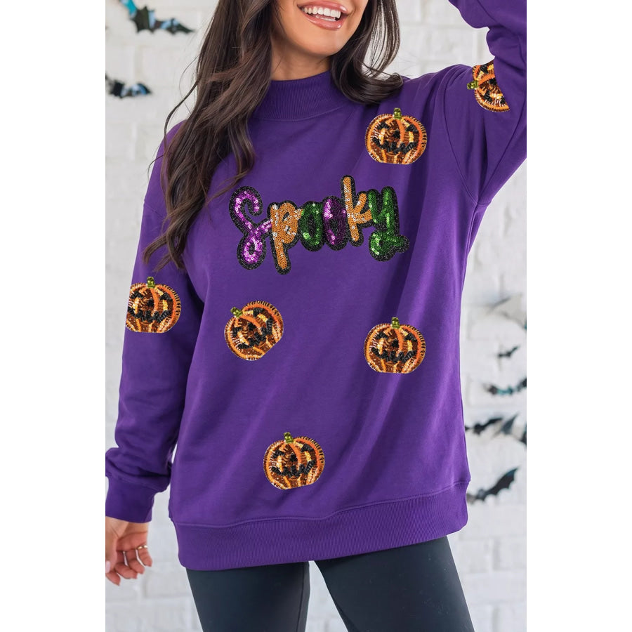 Sequin Pumpkin Spooky Halloween Sweatshirt Violet / S Apparel and Accessories