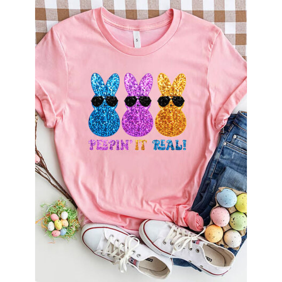 Sequin Rabbit Round Neck Short Sleeve T - Shirt Blush Pink / S Apparel and Accessories