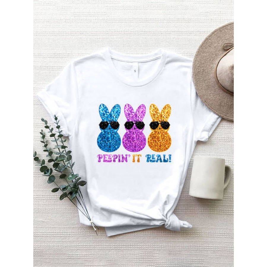 Sequin Rabbit Round Neck Short Sleeve T - Shirt White / S Apparel and Accessories