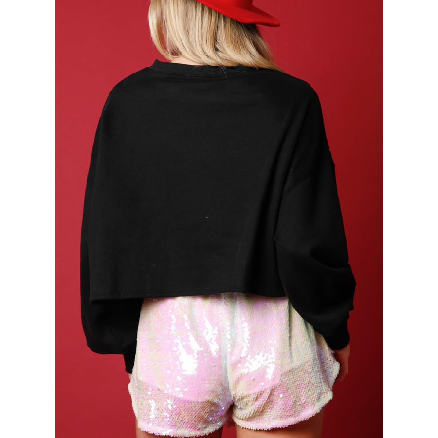 Sequin Round Neck Dropped Shoulder Sweatshirt Black / S Apparel and Accessories