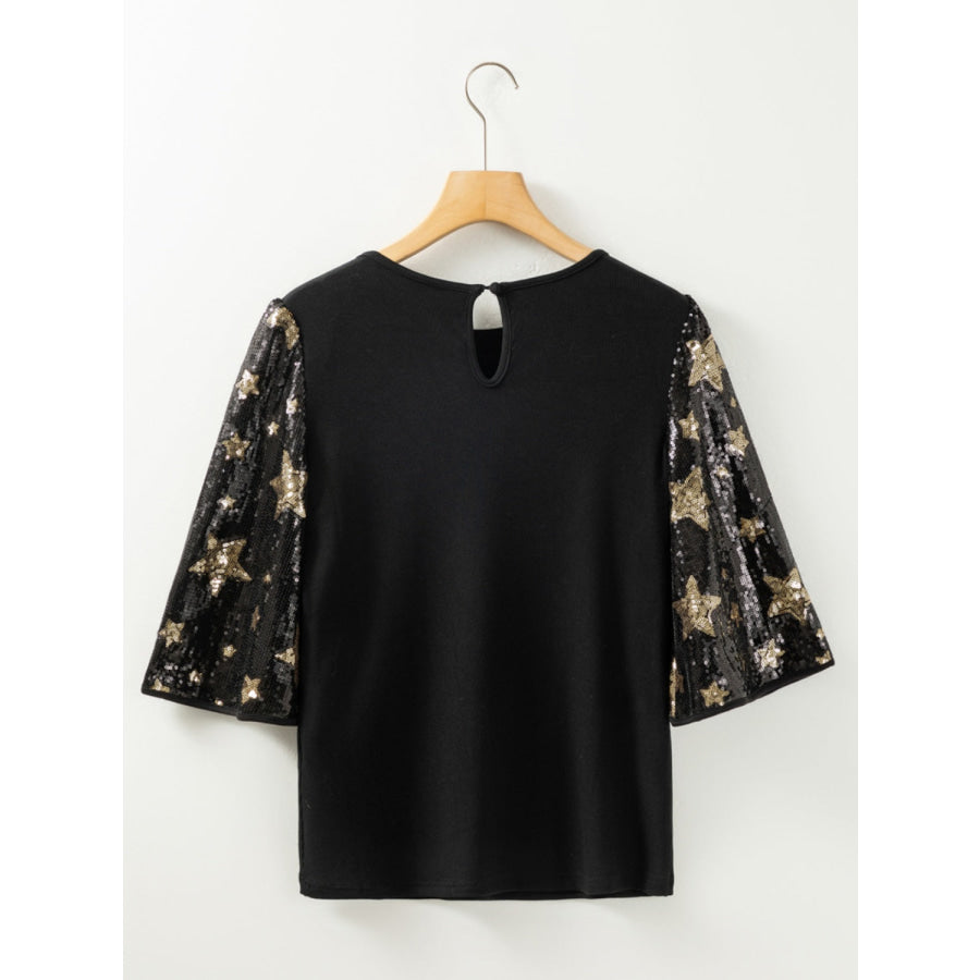 Sequin Round Neck Half Sleeve Blouse Apparel and Accessories