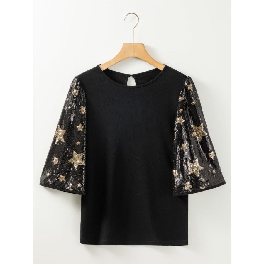 Sequin Round Neck Half Sleeve Blouse Apparel and Accessories