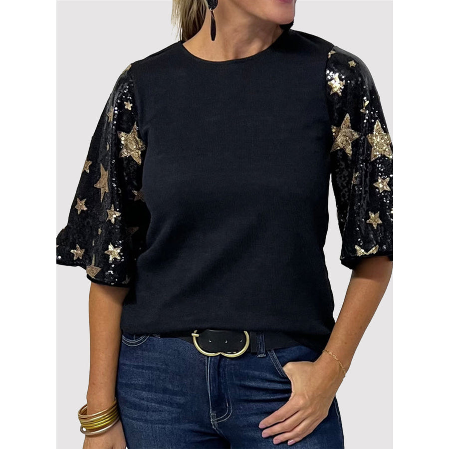 Sequin Round Neck Half Sleeve Blouse Black / S Apparel and Accessories