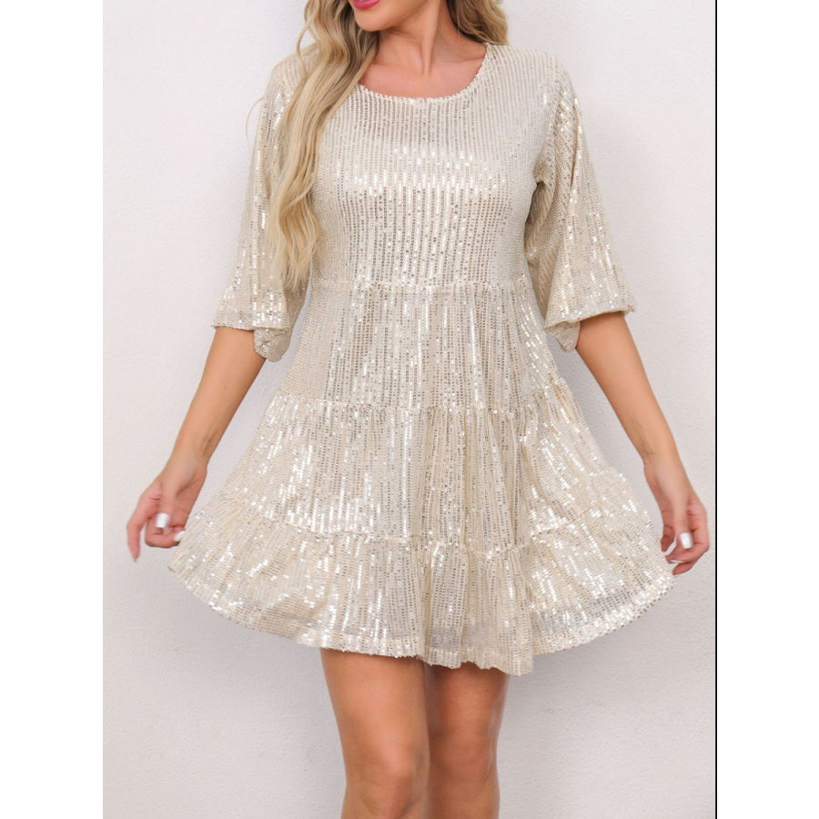 Sequin Round Neck Half Sleeve Mini Dress Apparel and Accessories