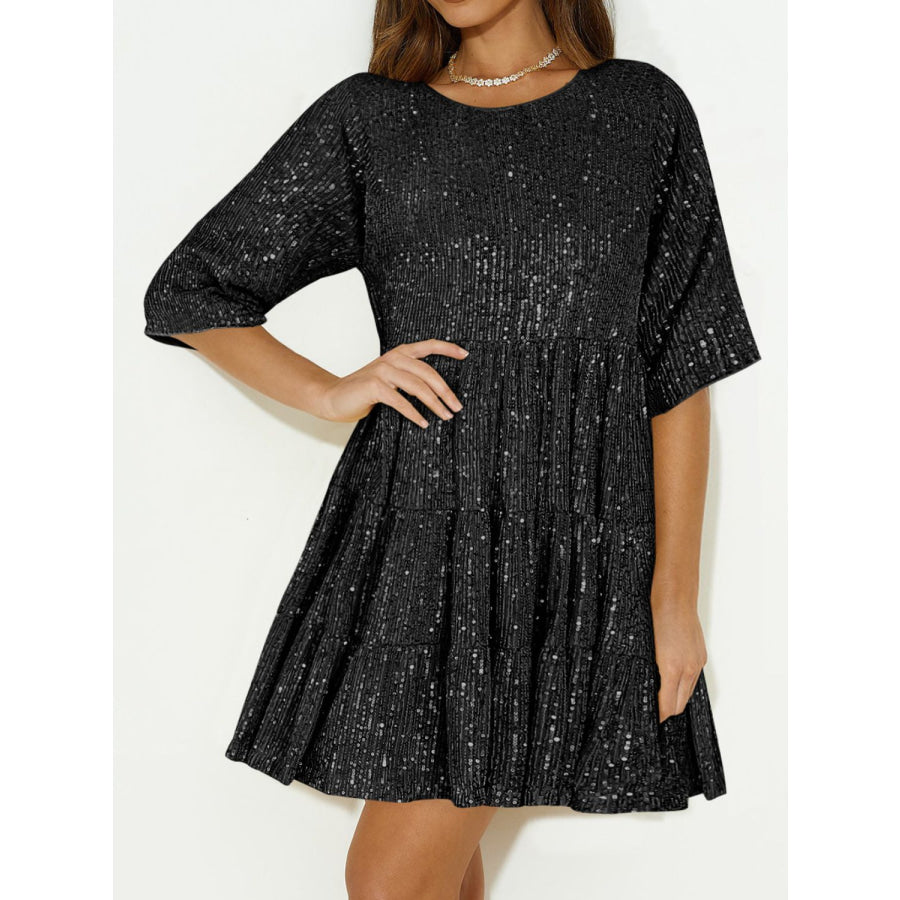 Sequin Round Neck Half Sleeve Mini Dress Apparel and Accessories