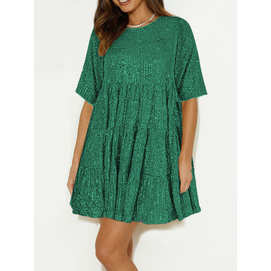 Sequin Round Neck Half Sleeve Mini Dress Apparel and Accessories