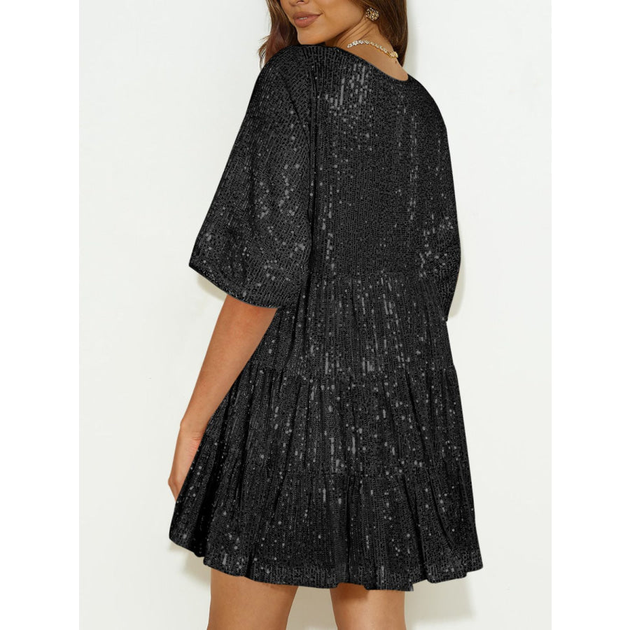 Sequin Round Neck Half Sleeve Mini Dress Apparel and Accessories