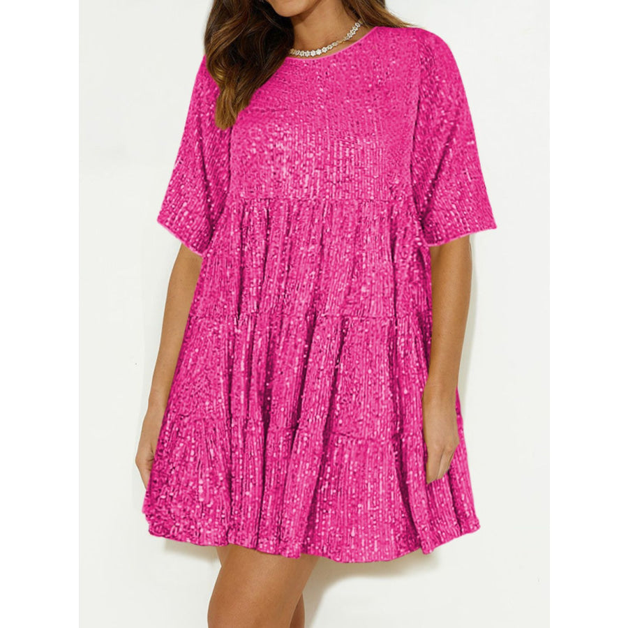 Sequin Round Neck Half Sleeve Mini Dress Apparel and Accessories