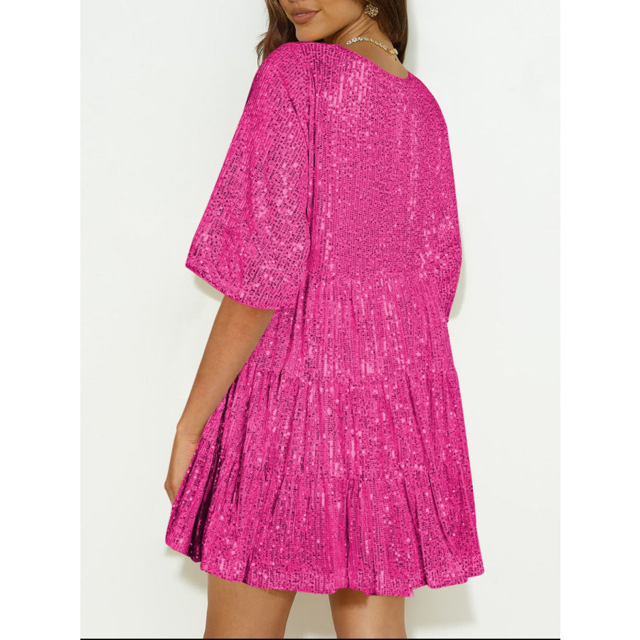 Sequin Round Neck Half Sleeve Mini Dress Apparel and Accessories