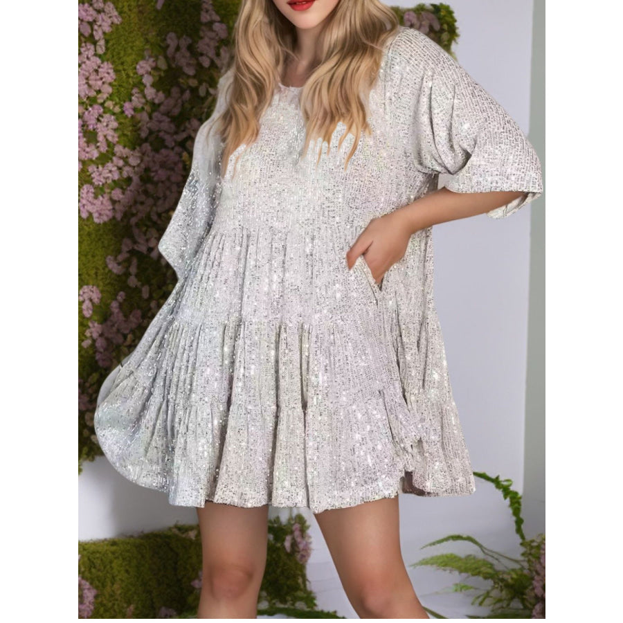 Sequin Round Neck Half Sleeve Mini Dress Apparel and Accessories