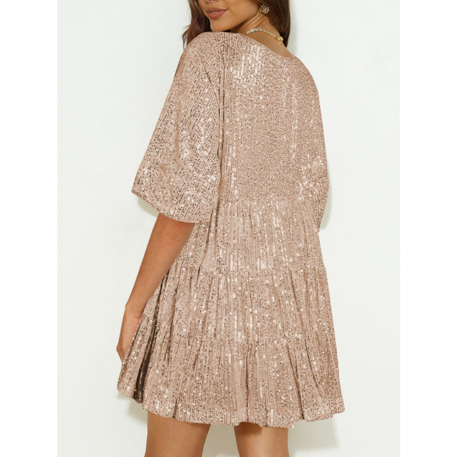 Sequin Round Neck Half Sleeve Mini Dress Apparel and Accessories