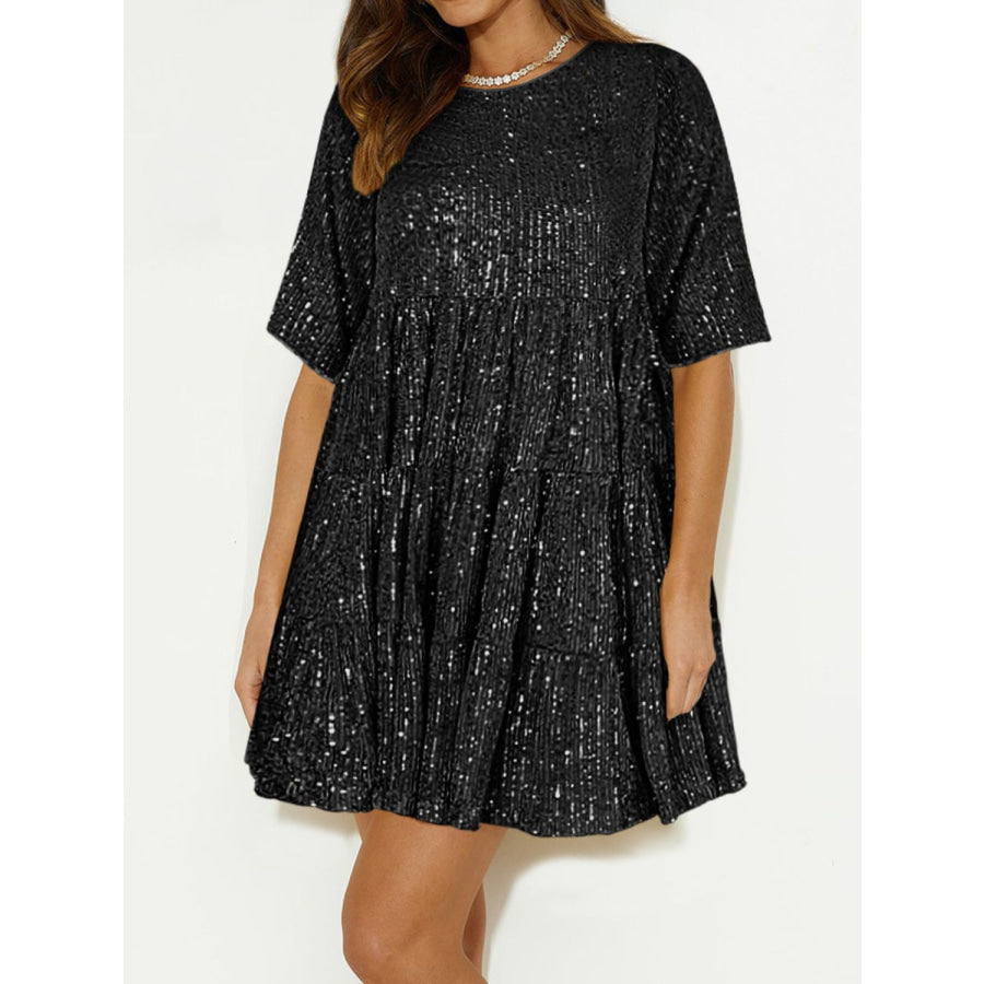 Sequin Round Neck Half Sleeve Mini Dress Apparel and Accessories