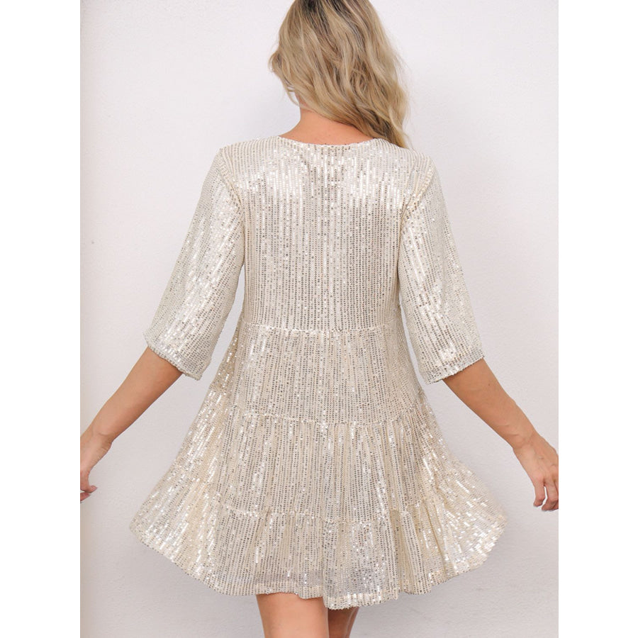 Sequin Round Neck Half Sleeve Mini Dress Apparel and Accessories