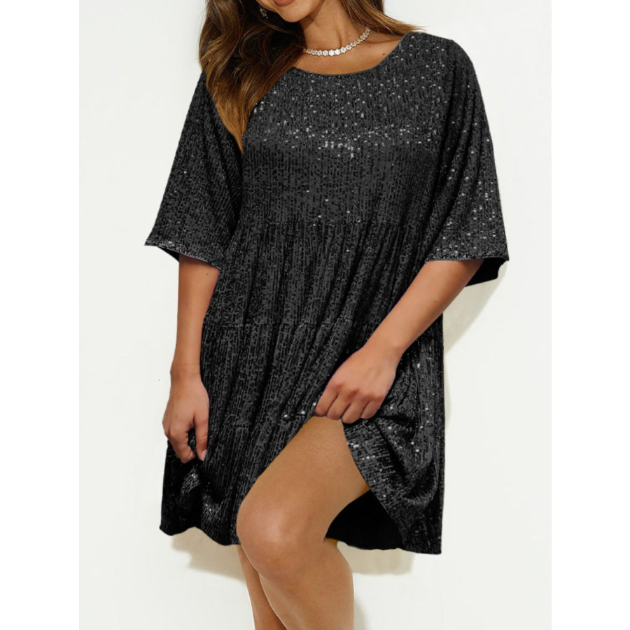 Sequin Round Neck Half Sleeve Mini Dress Black / S Apparel and Accessories