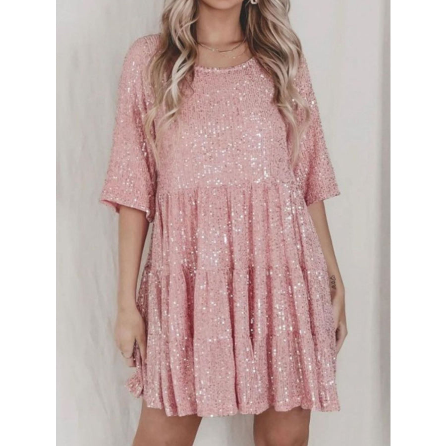 Sequin Round Neck Half Sleeve Mini Dress Blush Pink / S Apparel and Accessories