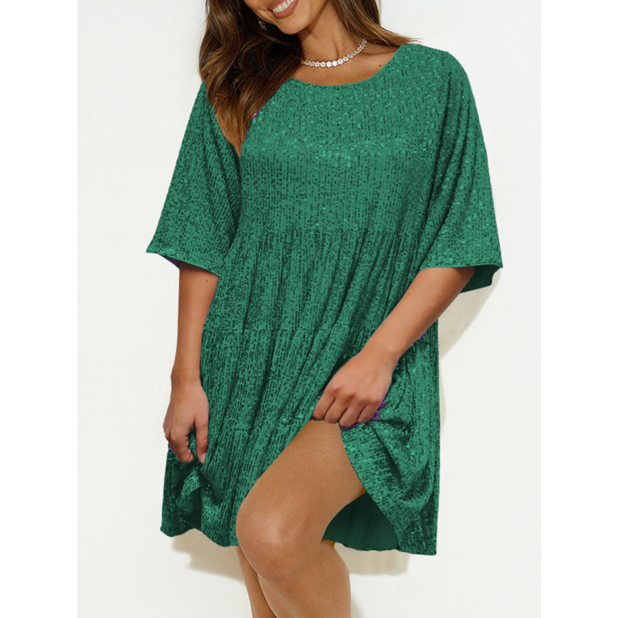 Sequin Round Neck Half Sleeve Mini Dress Dark Green / S Apparel and Accessories