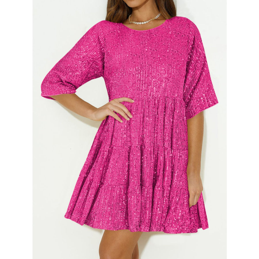 Sequin Round Neck Half Sleeve Mini Dress Hot Pink / S Apparel and Accessories