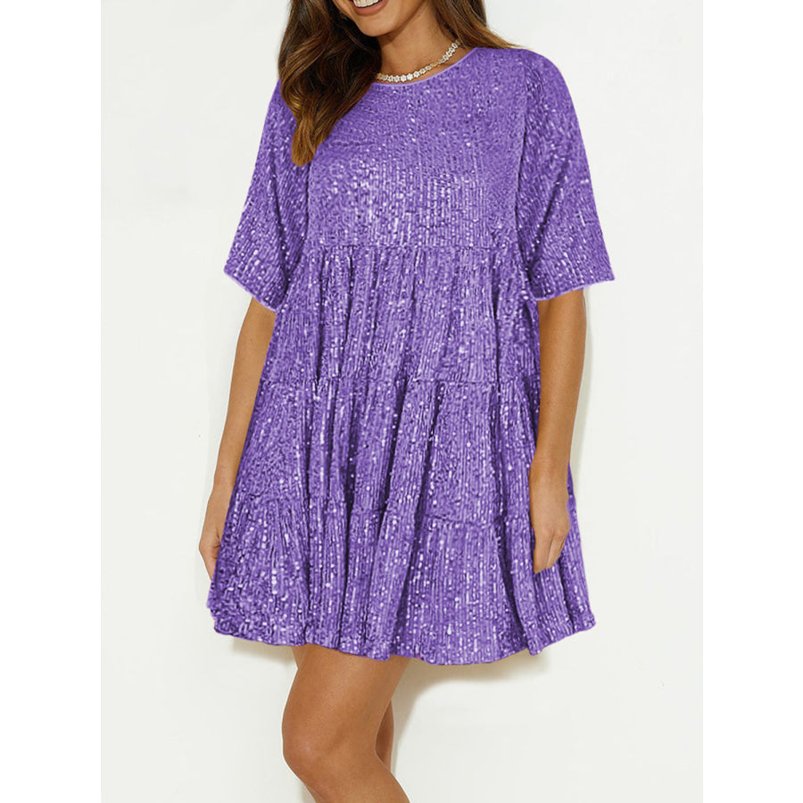 Sequin Round Neck Half Sleeve Mini Dress Lavender / S Apparel and Accessories