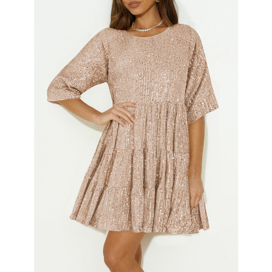 Sequin Round Neck Half Sleeve Mini Dress Tan / S Apparel and Accessories