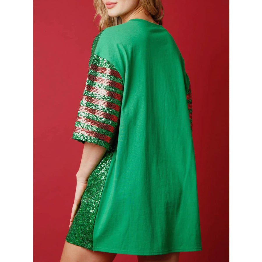 Sequin Round Neck Half Sleeve T-Shirt Dark Green / S Apparel and Accessories