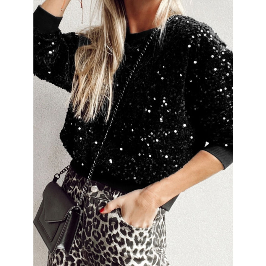 Sequin Round Neck Long Sleeve Blouse Apparel and Accessories