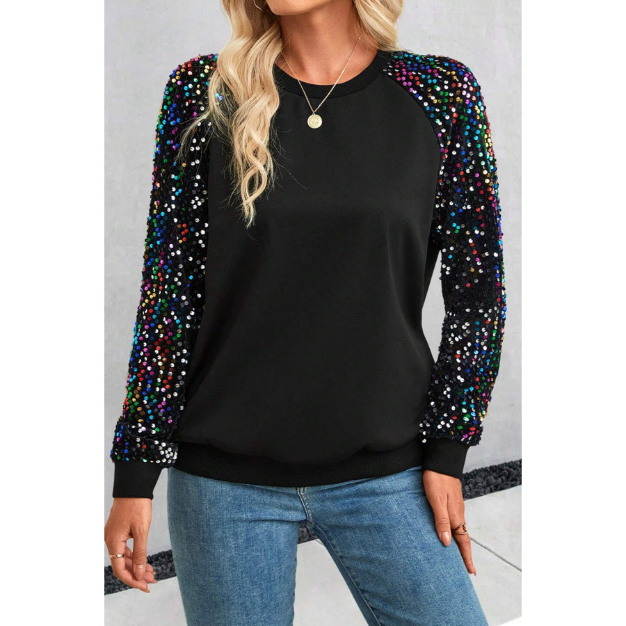 Sequin Round Neck Long Sleeve Blouse Black / S Apparel and Accessories