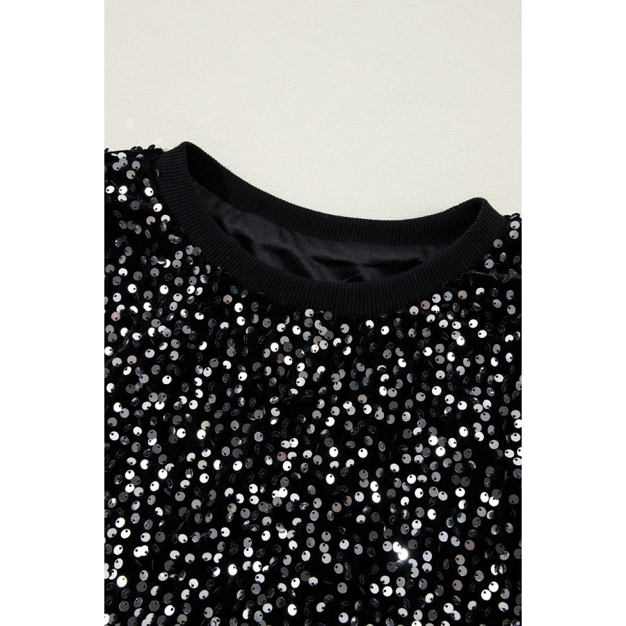 Sequin Round Neck Long Sleeve Blouse Apparel and Accessories