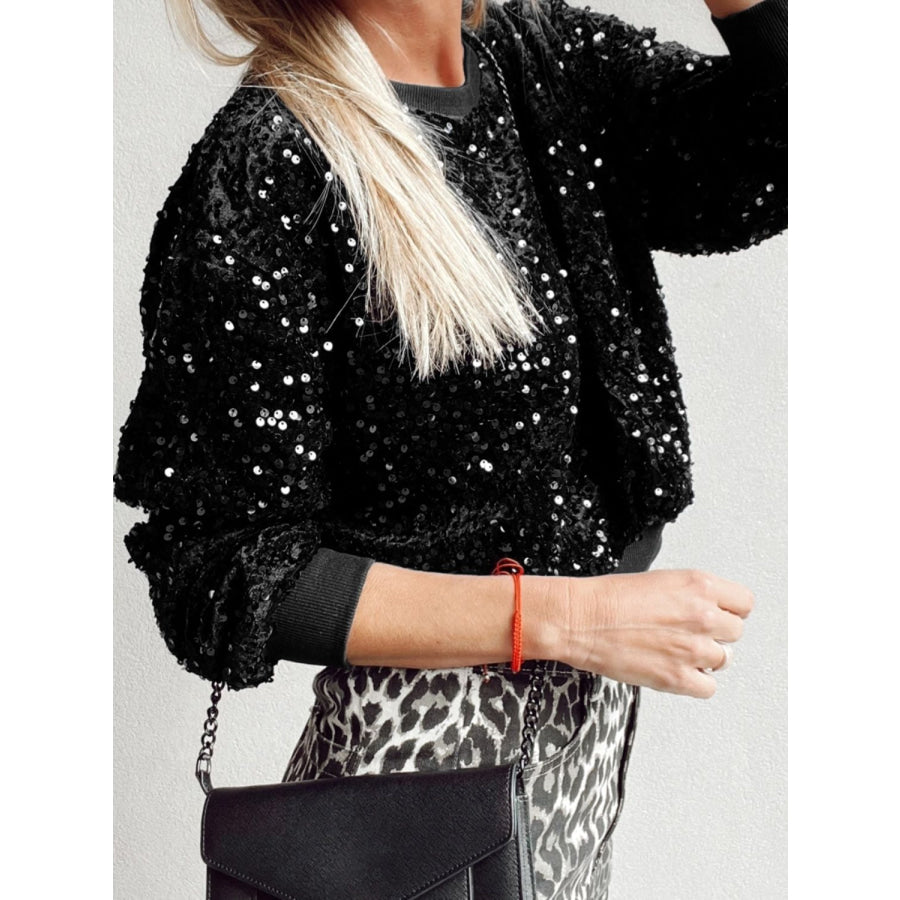 Sequin Round Neck Long Sleeve Blouse Apparel and Accessories