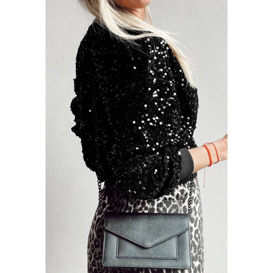 Sequin Round Neck Long Sleeve Blouse Apparel and Accessories