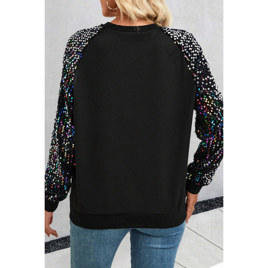 Sequin Round Neck Long Sleeve Blouse Apparel and Accessories