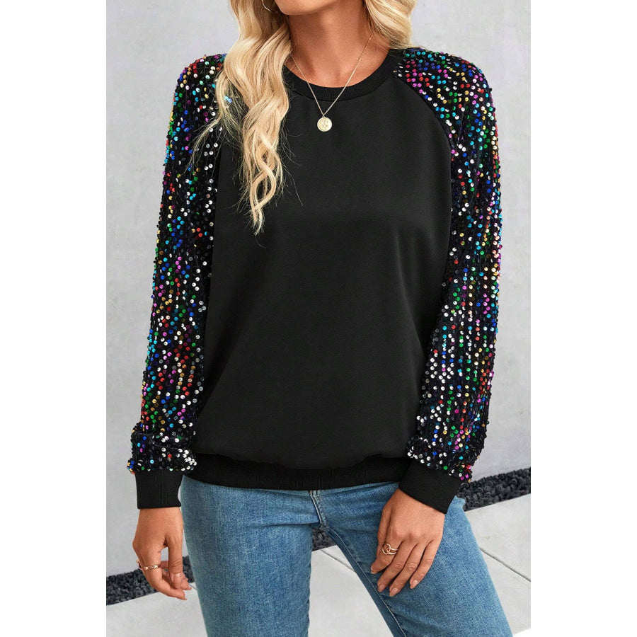 Sequin Round Neck Long Sleeve Blouse Apparel and Accessories