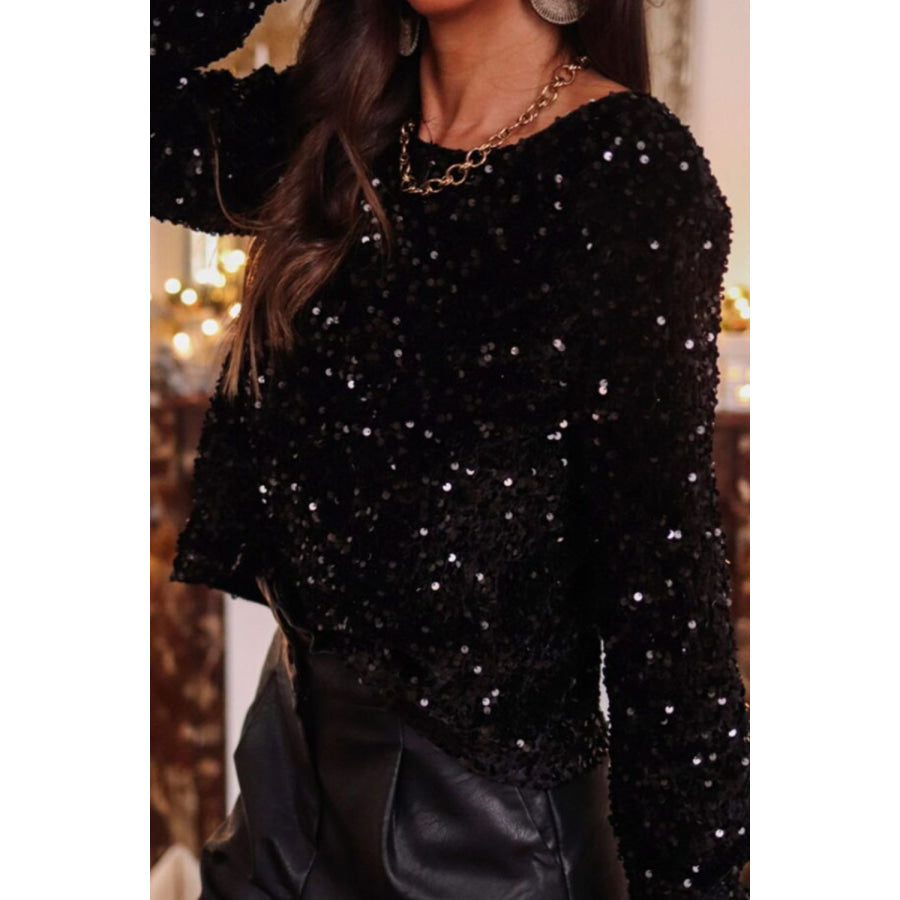 Sequin Round Neck Long Sleeve Blouse Black / S Apparel and Accessories