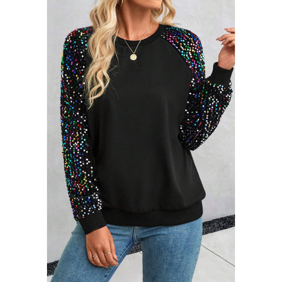 Sequin Round Neck Long Sleeve Blouse Black / S Apparel and Accessories