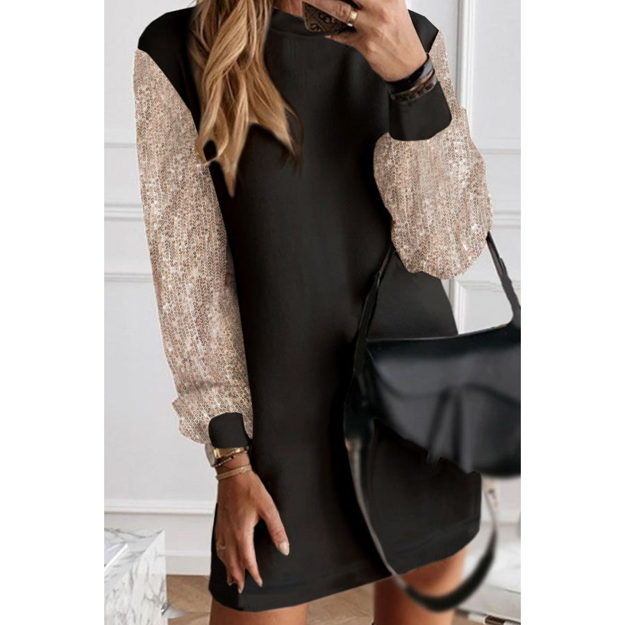 Sequin Round Neck Long Sleeve Dress Black / S Apparel and Accessories