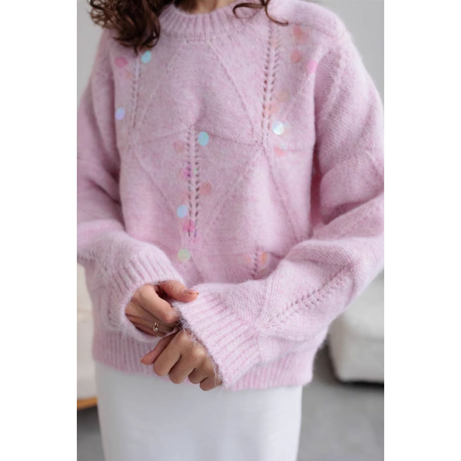 Sequin Round Neck Long Sleeve Sweater Apparel and Accessories