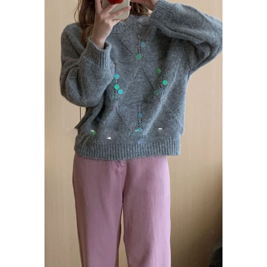 Sequin Round Neck Long Sleeve Sweater Apparel and Accessories