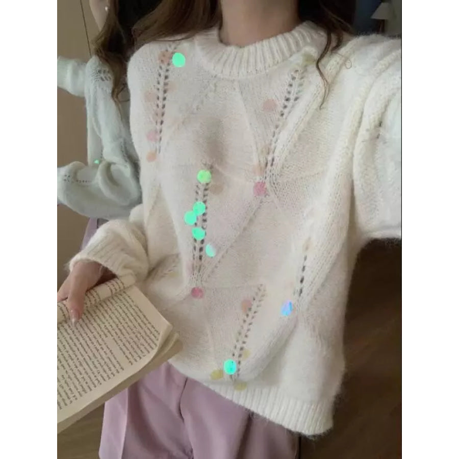 Sequin Round Neck Long Sleeve Sweater Apparel and Accessories