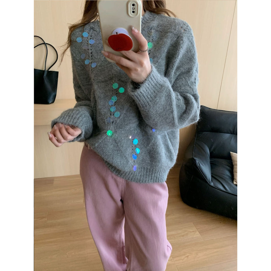 Sequin Round Neck Long Sleeve Sweater Apparel and Accessories