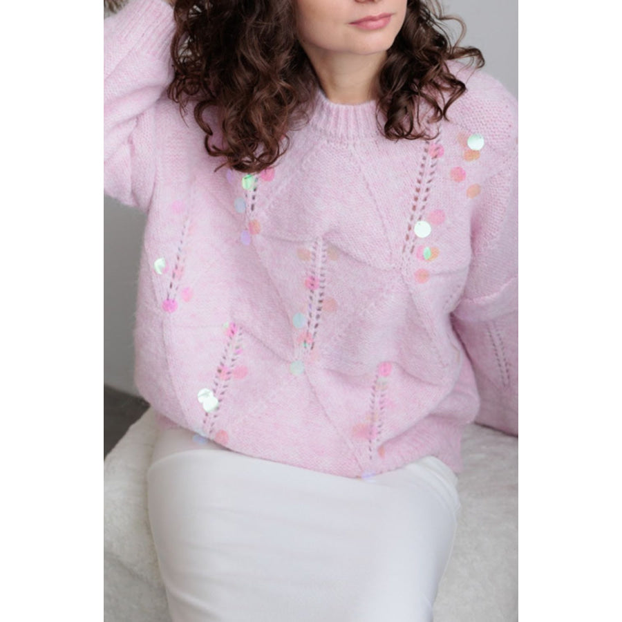 Sequin Round Neck Long Sleeve Sweater Apparel and Accessories