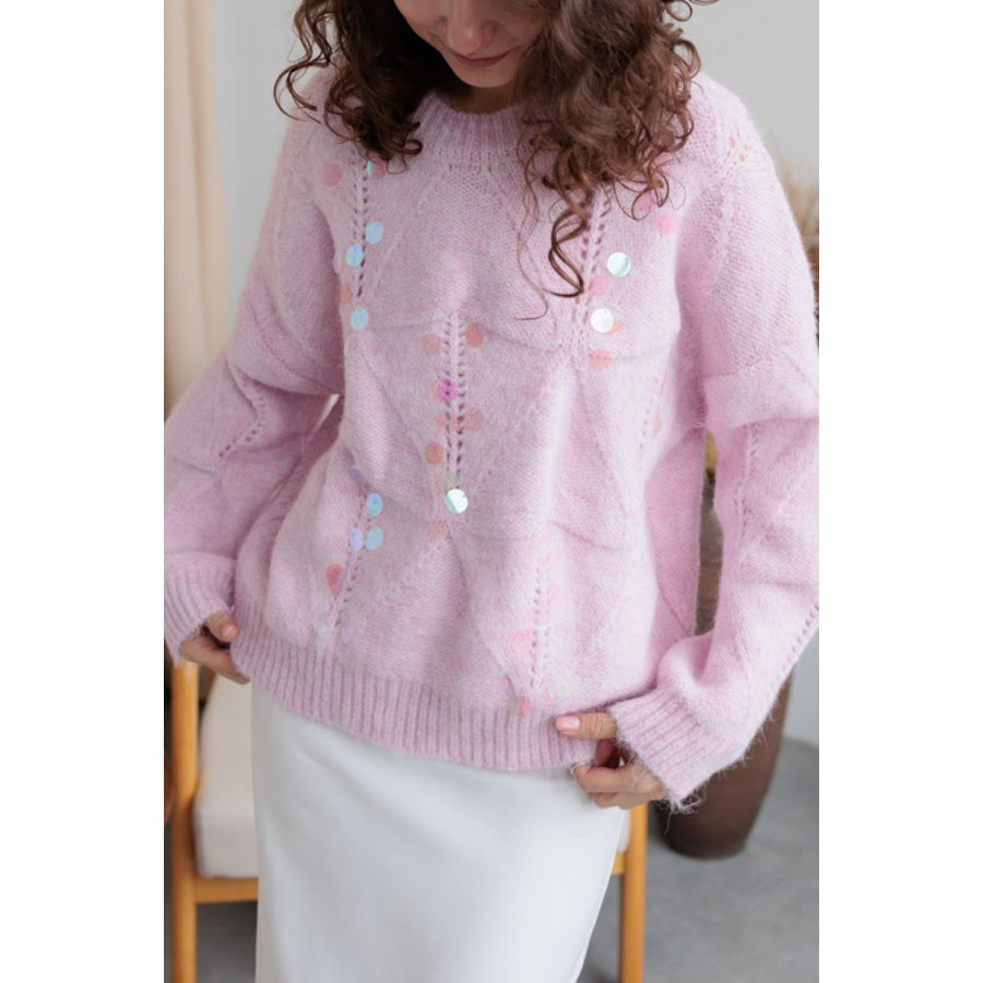 Sequin Round Neck Long Sleeve Sweater Blush Pink / One Size Apparel and Accessories