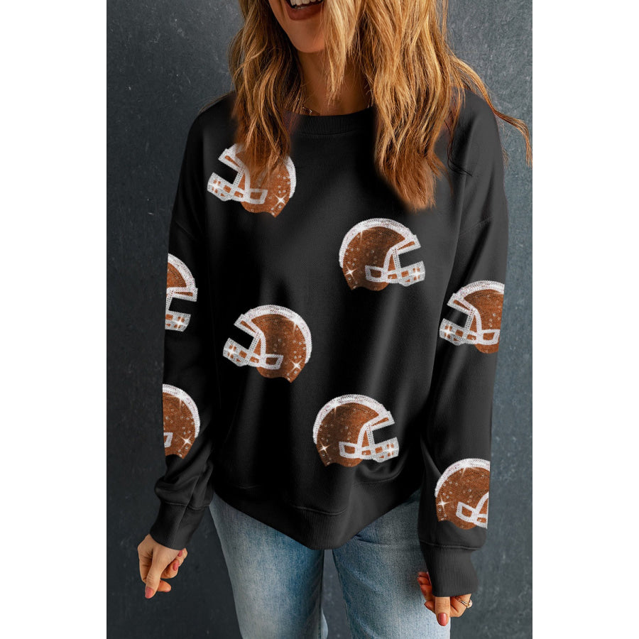 Sequin Round Neck Long Sleeve Sweatshirt Black / S Apparel and Accessories